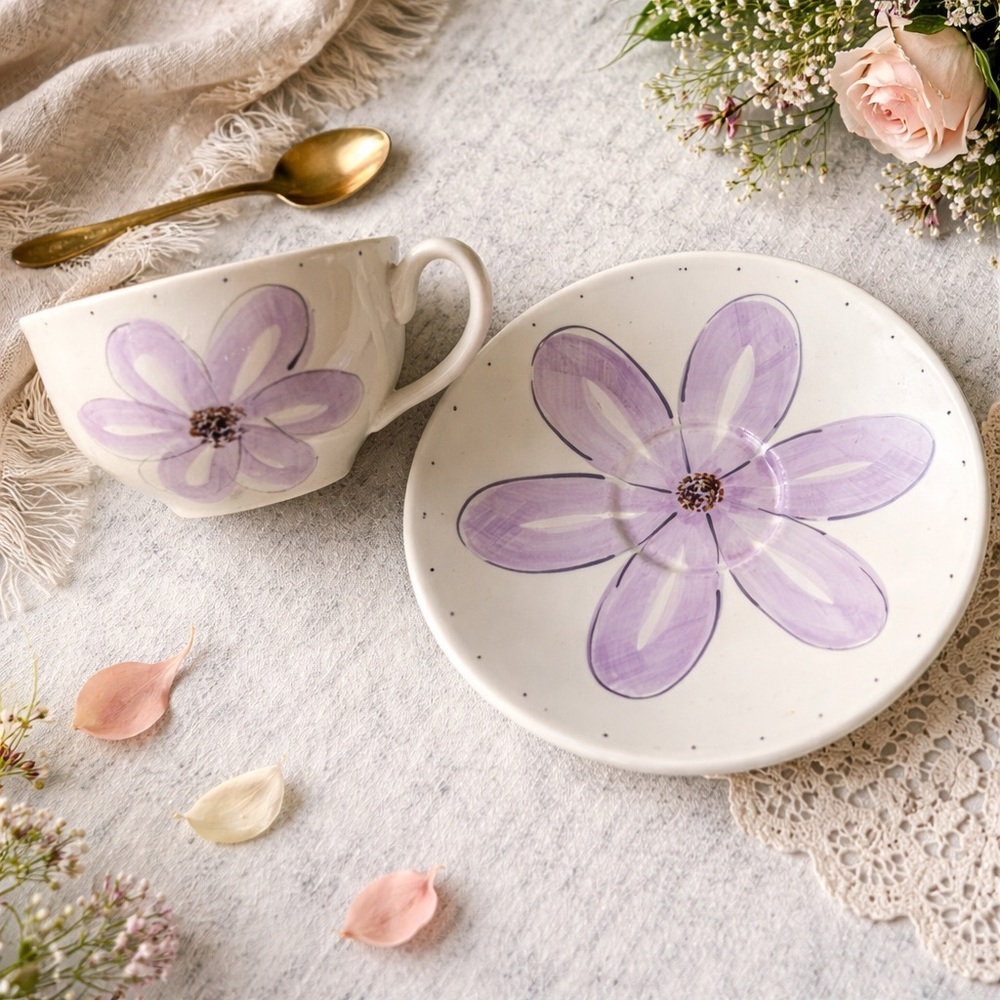 Vintage Whittard England Hand Painted Purple Floral Coffee Cup & Saucer
